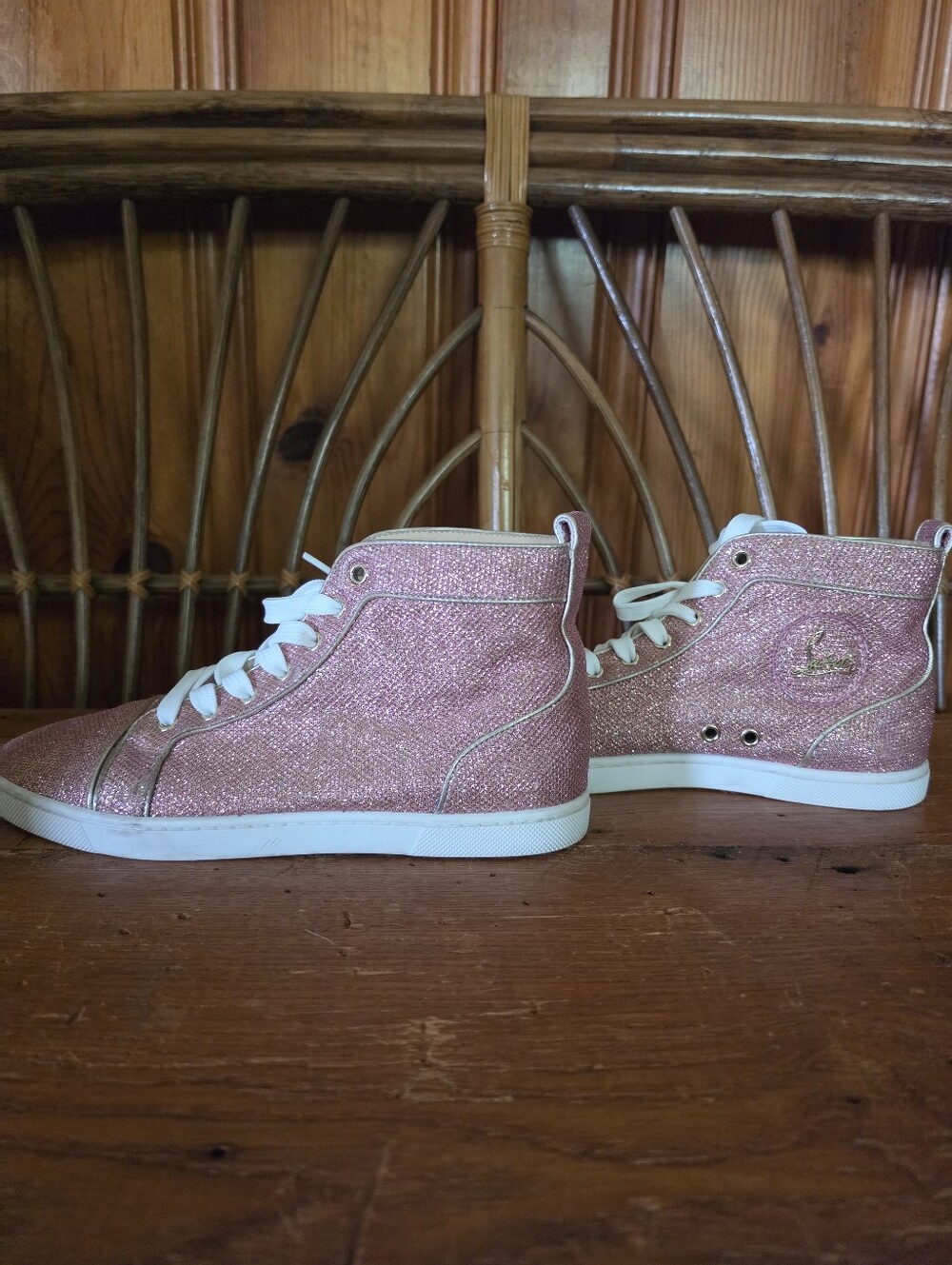Christian Louboutin Sparkly Pink High Top Sneakers with Hot Pink Laces - Picture 16 of 16